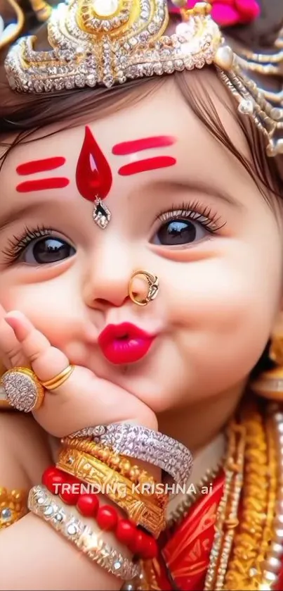 Adorable baby in Krishna attire with vibrant colors and jewelry.