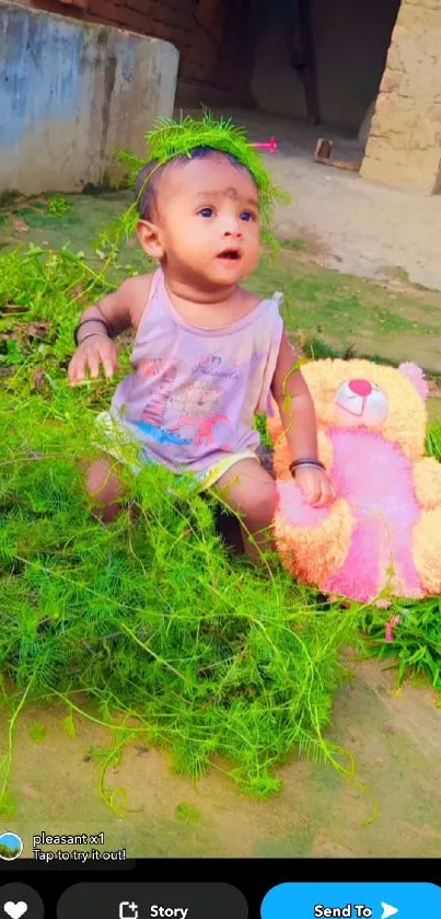 Cute baby sitting with green foliage and pink teddy bear.