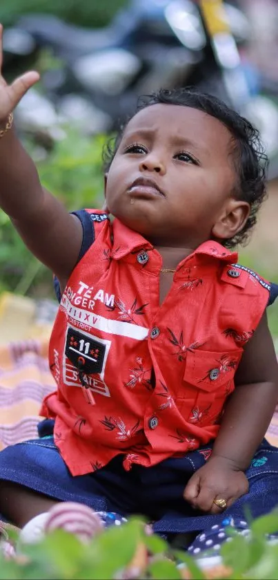 Adorable baby sitting outdoors, reaching up, with a green nature background.