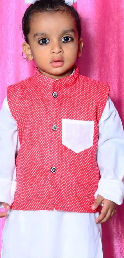 Cute baby in red vest with pink curtain background.