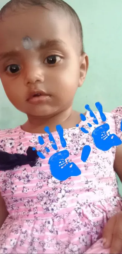 Cute baby in pink floral dress with blue handprints.