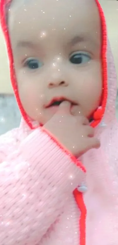 A cute baby wearing a pink hoodie with finger on lips, sparkling background.