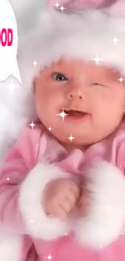 Adorable baby in pink with sparkles winking playfully.