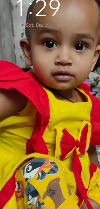 Cute baby wearing red and yellow dress with expressive eyes.