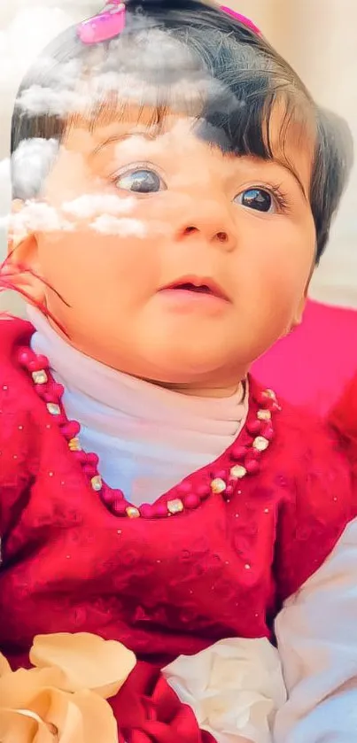 Adorable baby in vibrant red dress with cloud overlay effect.