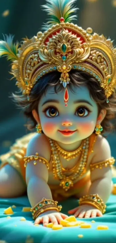 Adorable baby in regal golden attire with jewels and feather crown.