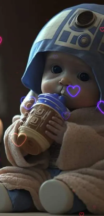 Cute baby in a Star Wars costume holding a bottle.