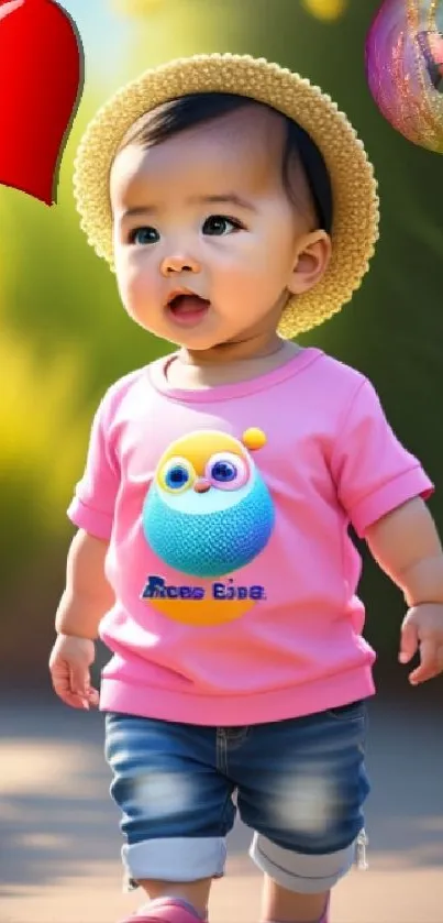 Cute baby in summer hat with colorful background.