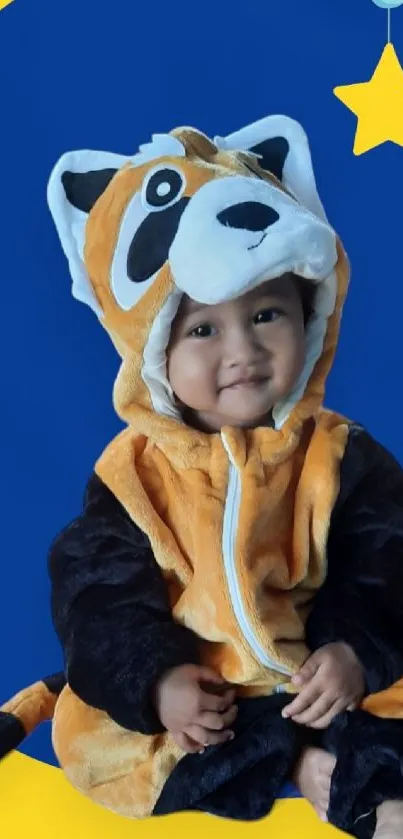 Cute baby in tiger costume with blue background and yellow star accent.