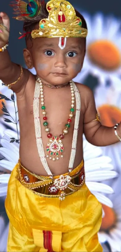 Cute baby in yellow attire with daisy flowers in background.