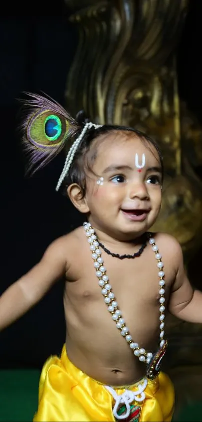 Adorable baby in yellow traditional attire with peacock feather.