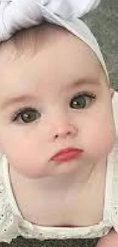 Cute baby with white headband laying on soft carpet.