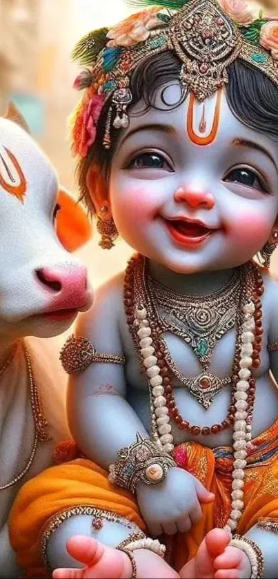 Vibrant Baby Krishna smiling with cow, adorned in traditional attire.