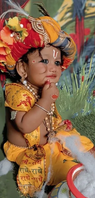 Cute Baby Krishna in colorful attire on a mobile wallpaper.