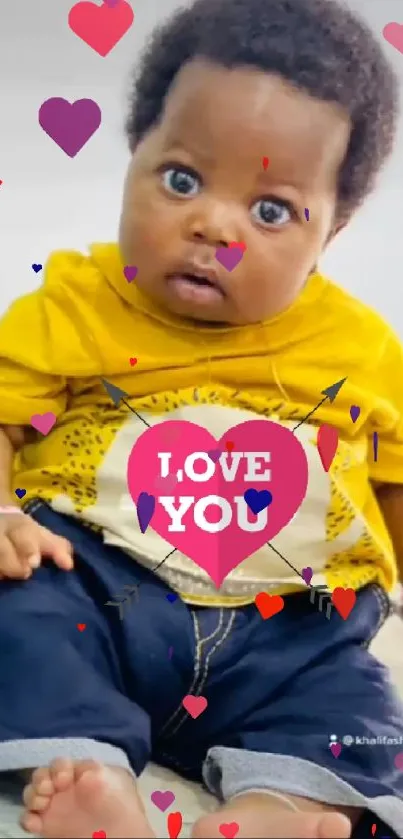 Cute baby in yellow outfit with pink heart saying 'Love You' on wallpaper.