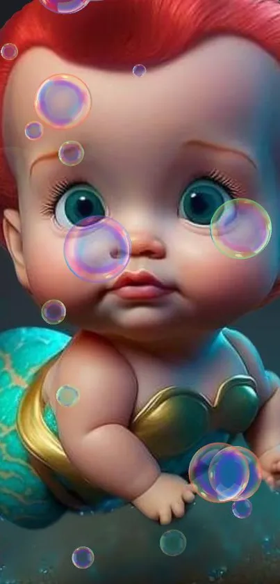 Cute baby mermaid with bubbles in teal ocean scene.