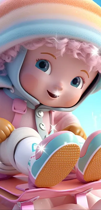 Cute baby cartoon in pastel colors on a mobile wallpaper.