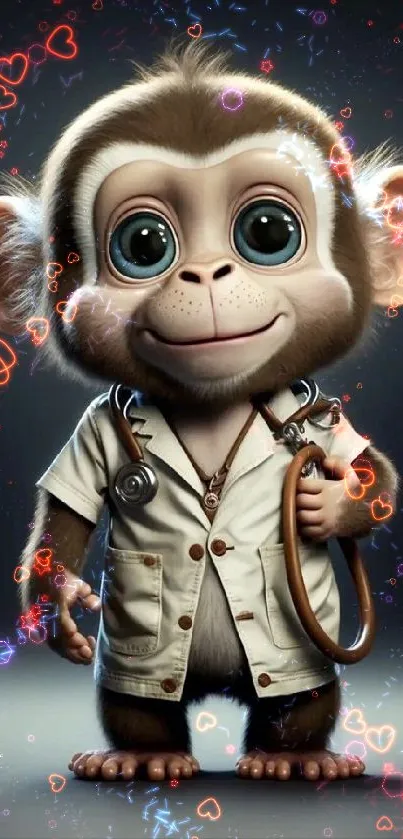 Adorable baby monkey in a doctor's coat, cartoon style.