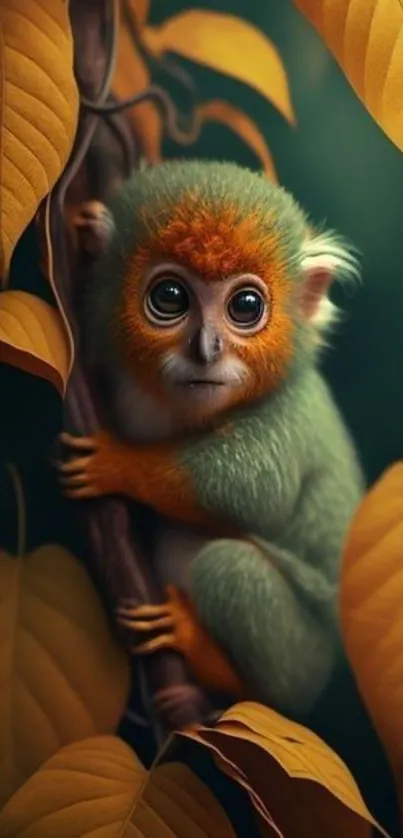 Cute baby monkey surrounded by golden leaves, perfect for phone wallpaper.