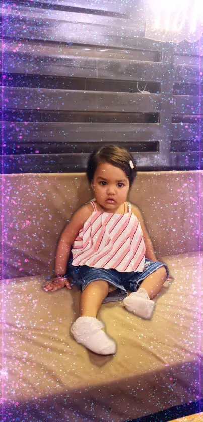 Cute baby on a beige sofa with purple sparkle effect wallpaper.