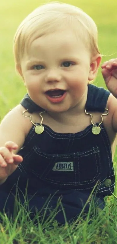 Smiling baby in overalls sitting outdoors on green grass.