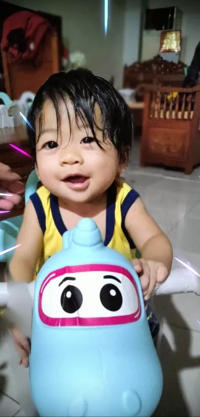 Smiling baby on a blue toy plane with vibrant background.