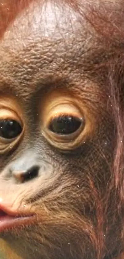 Close-up of a cute baby orangutan with expressive facial features.