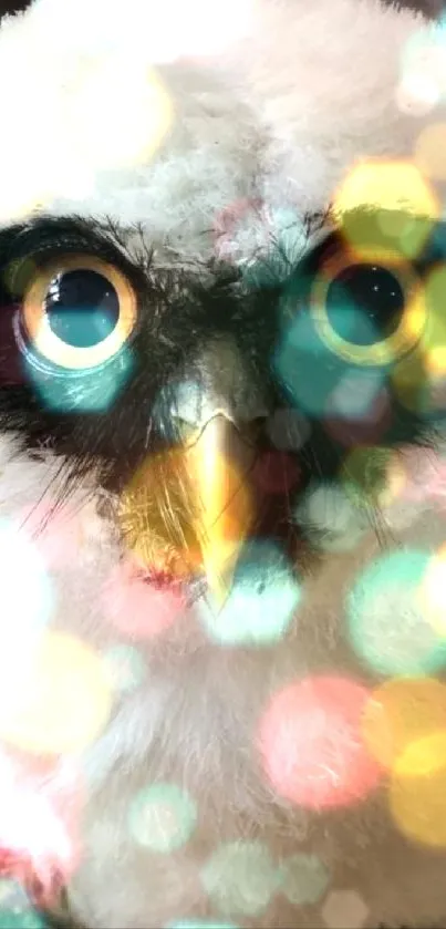 Fluffy baby owl with big yellow eyes staring up.