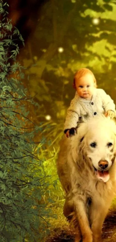 Cute baby on a dog in a glowing forest setting.