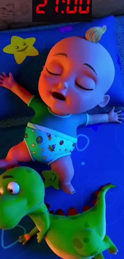 Adorable baby sleeps with dinosaur toy on blue bedding.