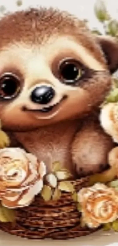 Cute baby sloth nestled in a floral basket, perfect for wallpaper.