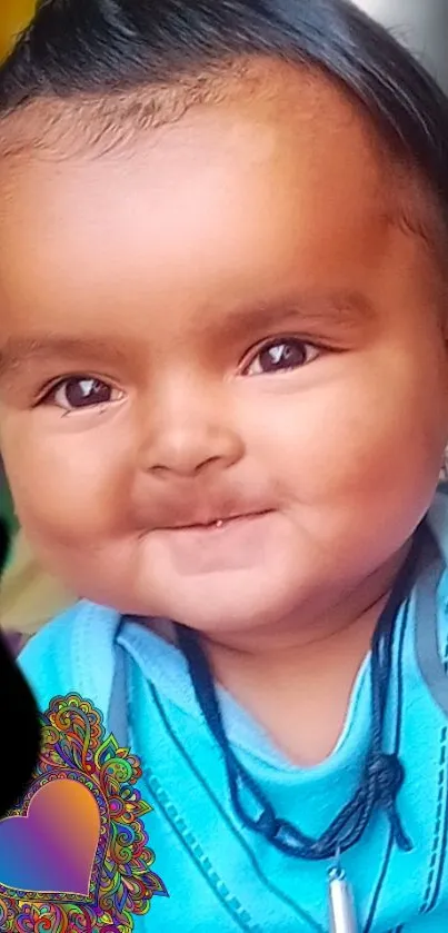 Cute baby smiling with a heart decoration.