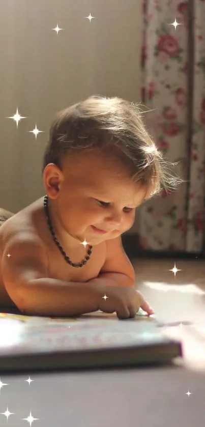 Cute baby lying in sunlight with sparkling stars around.