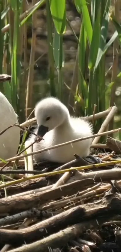 Adorable baby swan nestled in a nest surrounded by green reeds.