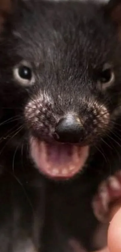 Close-up of a cute baby Tasmanian Devil with black fur and an open mouth.