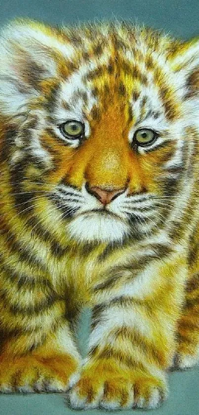 Cute baby tiger with detailed fur on a green background.