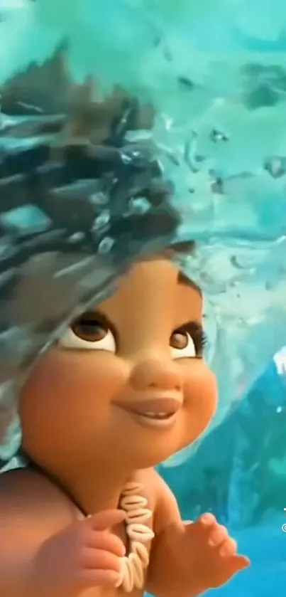 Adorable animated baby underwater in ocean scene.