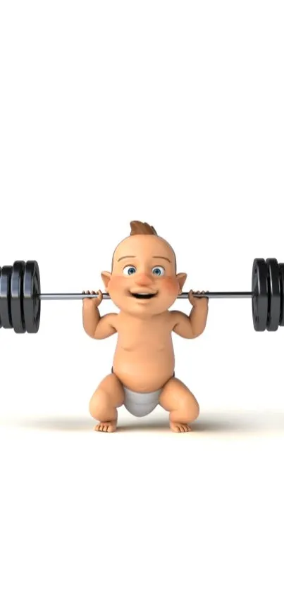 Adorable baby lifting weights on white background, cute and funny mobile wallpaper.