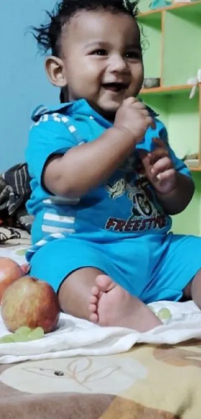 Smiling baby on bed with apples and grapes.