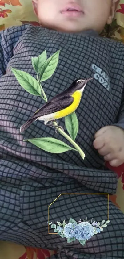 Cute baby with bird and floral embroidery on outfit.