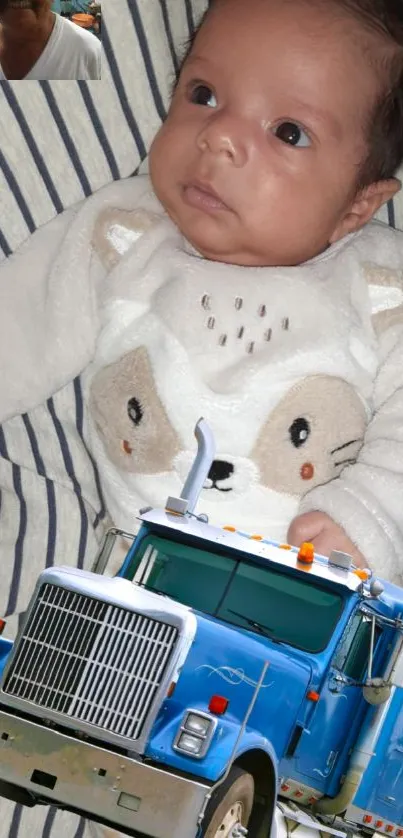 Adorable baby and blue truck on fabric.