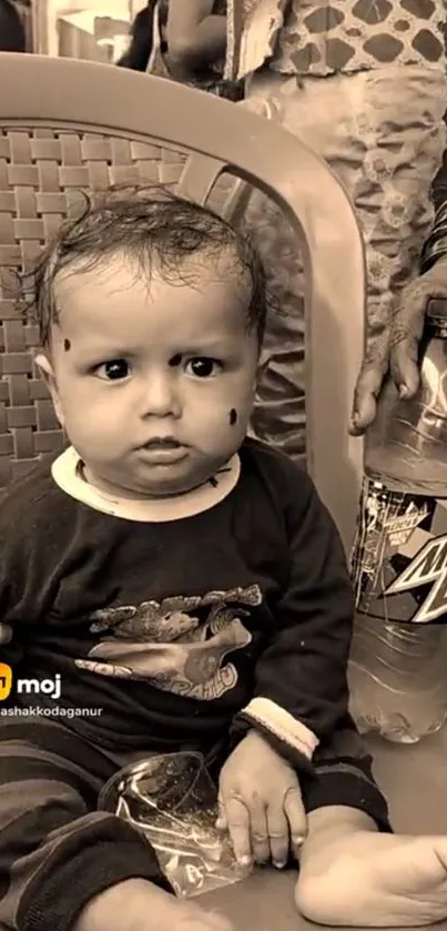 Cute baby with curious expression and a Mountain Dew bottle in sepia tone.