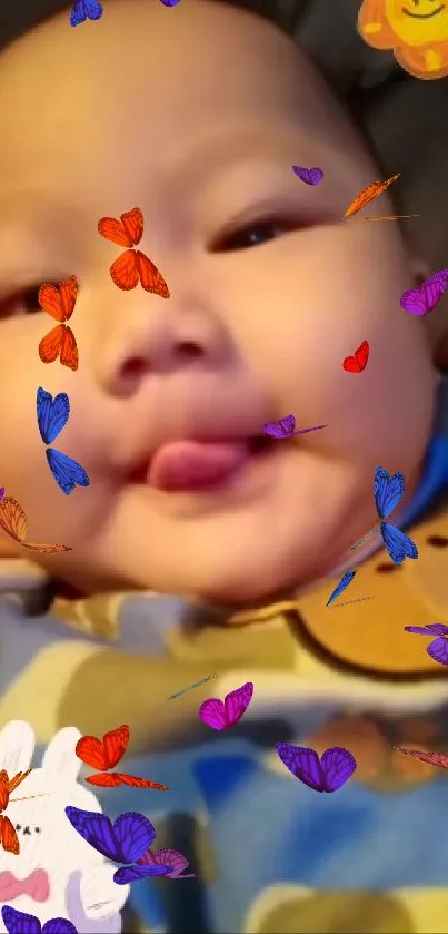 Smiling baby with butterflies surrounding its face on a playful wallpaper.