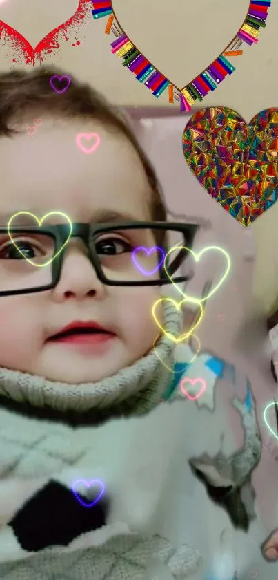 Cute baby with glasses and colorful heart-themed decoration.