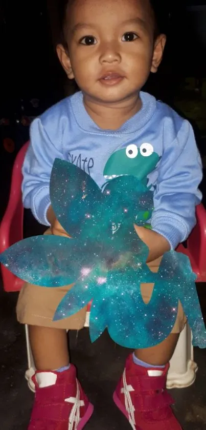 Adorable baby with galaxy-themed artwork.