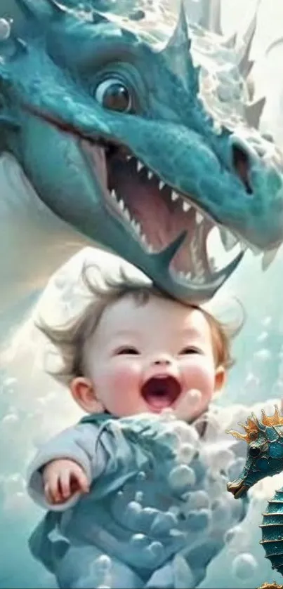 Enchanting wallpaper of a dragon and a happy baby with blue tones.