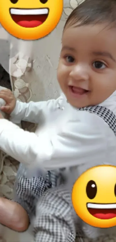 Cute baby in checkered outfit with smiling emojis.