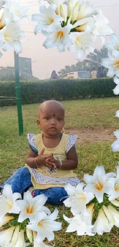 Baby sitting with floral wreath on green grass background.