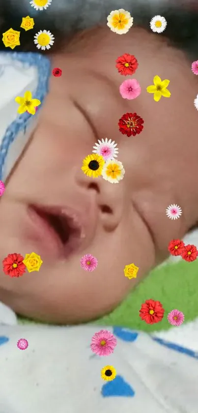 Cute baby sleeping with colorful floral overlay on green and white background.