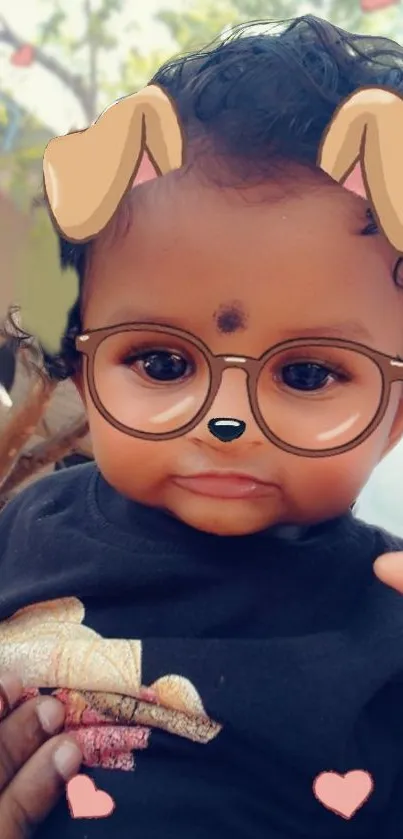 Cute baby with dog ears and glasses filter.